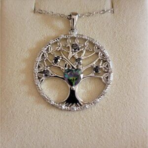 925 Sterling Silver Tree of Life Color Shift CZ Heart Necklace NWT
